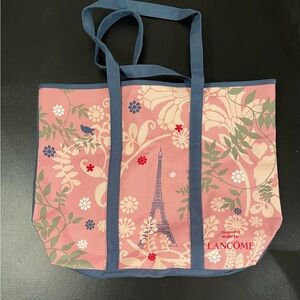 Lancome Pink Floral Eiffel Tower Canvas Tote with Blue Trim